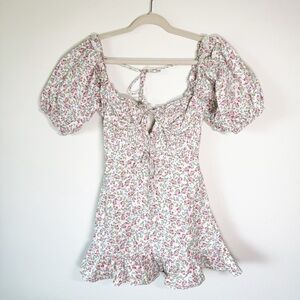 For‎ Love and Lemons Floral Butterfly Puff Sleeve Ruffle Tie Mini Dress Small